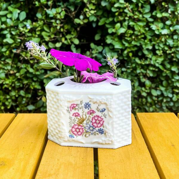 White Flower Basket Vase Ceramic With Multiple Inserts Pretty Colourful