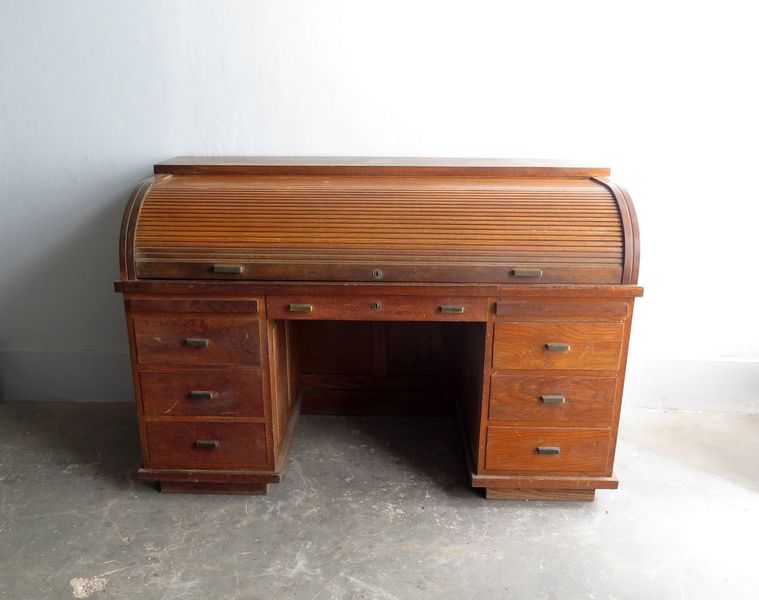 Vintage Wooden Tambour Door Desk With Brass Handles Vinterior