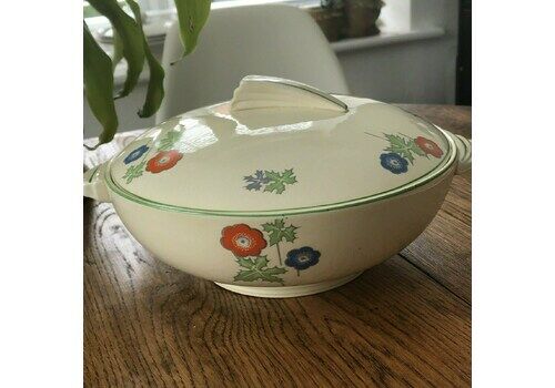 Beautiful Vintage Art Deco 1930s Lidded Vegetable Tureen Dish Anemone Design Cream Red Green Blue