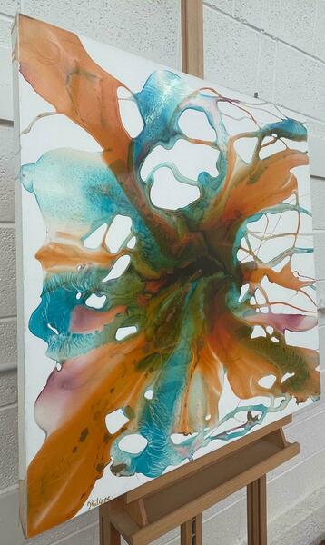 Philippe Aird Colourful Abstract Painting Using Orange & Turquoise Resin On A White Canvas 2005 Circa photo furniture