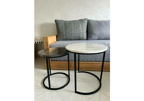 Moroccan Inspired Marble Pattern Round Coffee Table Set For Stylish Living Room Decoration