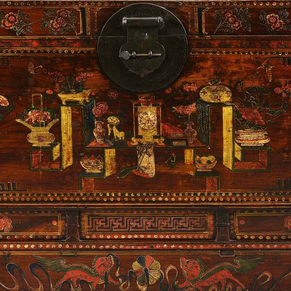 Antique Red Painted Chinese Trunk From Shanxi, Ca 1900 photo furniture