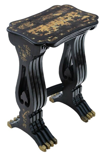 Antique Fine Quality Chinoiserie Boulle Work Black Lacquer Nest Of 4 19th Century Tables photo furniture