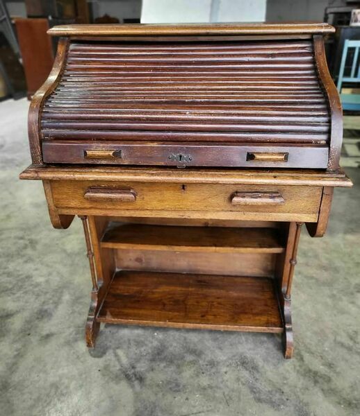 Vintage 20thc Oak Tambour Roll Top Small Slim Writing Desk Drawers