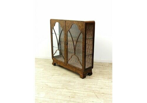 Antique Art Deco Glazed Burr Walnut Display Cabinet