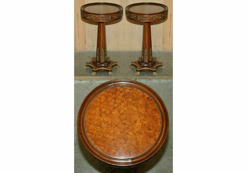 Lovely Pair Of French Parquetry Walnut & Gilt Brass Round Occasional Tables