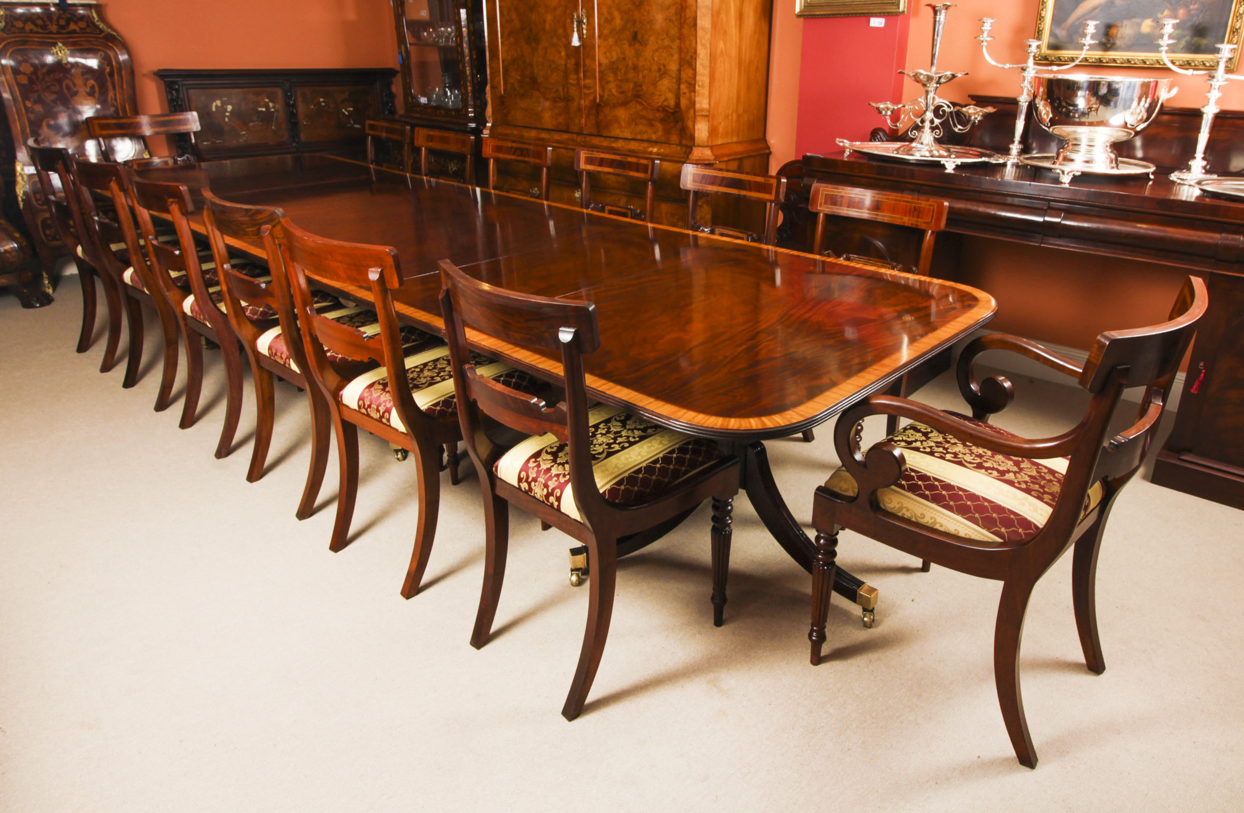 Vintage 13ft Three Pillar Mahogany Dining Table With 14 Chairs