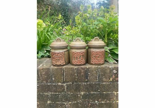 Retro 1970s Trio Storage Jars   Coffee Tea Sugar   Kitchen Storage Jars With Lids   Stoneware Pottery Vgc Set Of Three