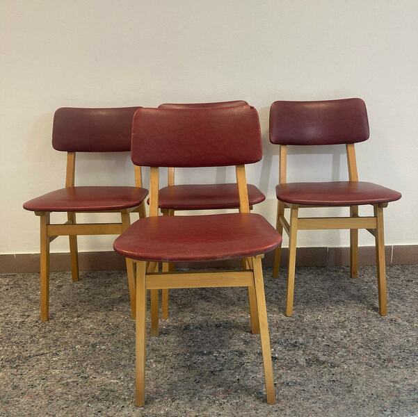 1 Of 4 Vintage Faux Leather Dining Wooden Chairs / Wood Dark Red Chairs