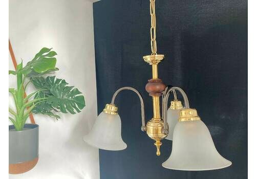 Vintage Timeless Beautiful Ceiling Lamp / Old Heavy Brass 3 Arm Light Fitting Chandelier 1980s Retro Cut Glass Flowers / Yugoslavia