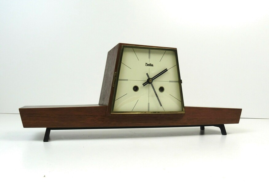 Rare Mid Century Minimalist Teak Mantel Desk Clock By Zentra Germany