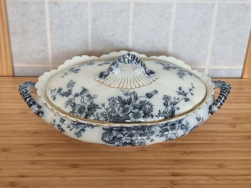 Authentic English Antique Flow Blue Flora Pattern Serving Dish With Lid ...