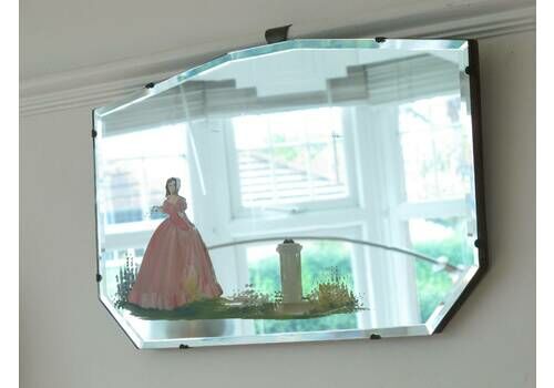 Fabulous Painted Crinoline Lady, Bevelled Edge, Frameless Art Deco Mirror. Ready To Hang On New Chain.