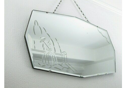 Wonderful Crinoline Lady, Cut Glass, Bevelled Edge Frame Less Art Deco Mirror. Ready To Hang On Original Visible Chain.