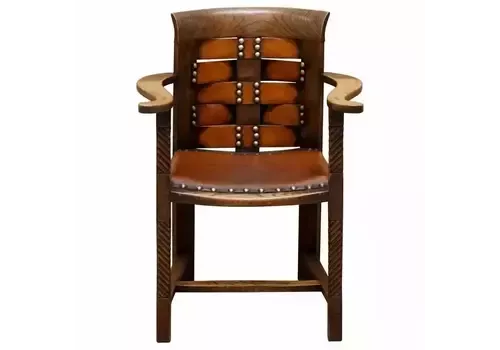 Antique Circa 1900 Leonard Wyburn For Liberty Of London Oak & Leather Armchair