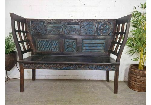 Antique Anglo Indian Colonial Hardwood Hand Carved Settle Bench Seat