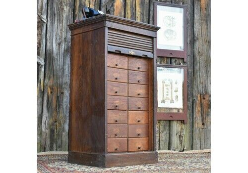Antique Harris Lebus Tambour Fronted English Oak Filing Cabinet Bank Of Drawers