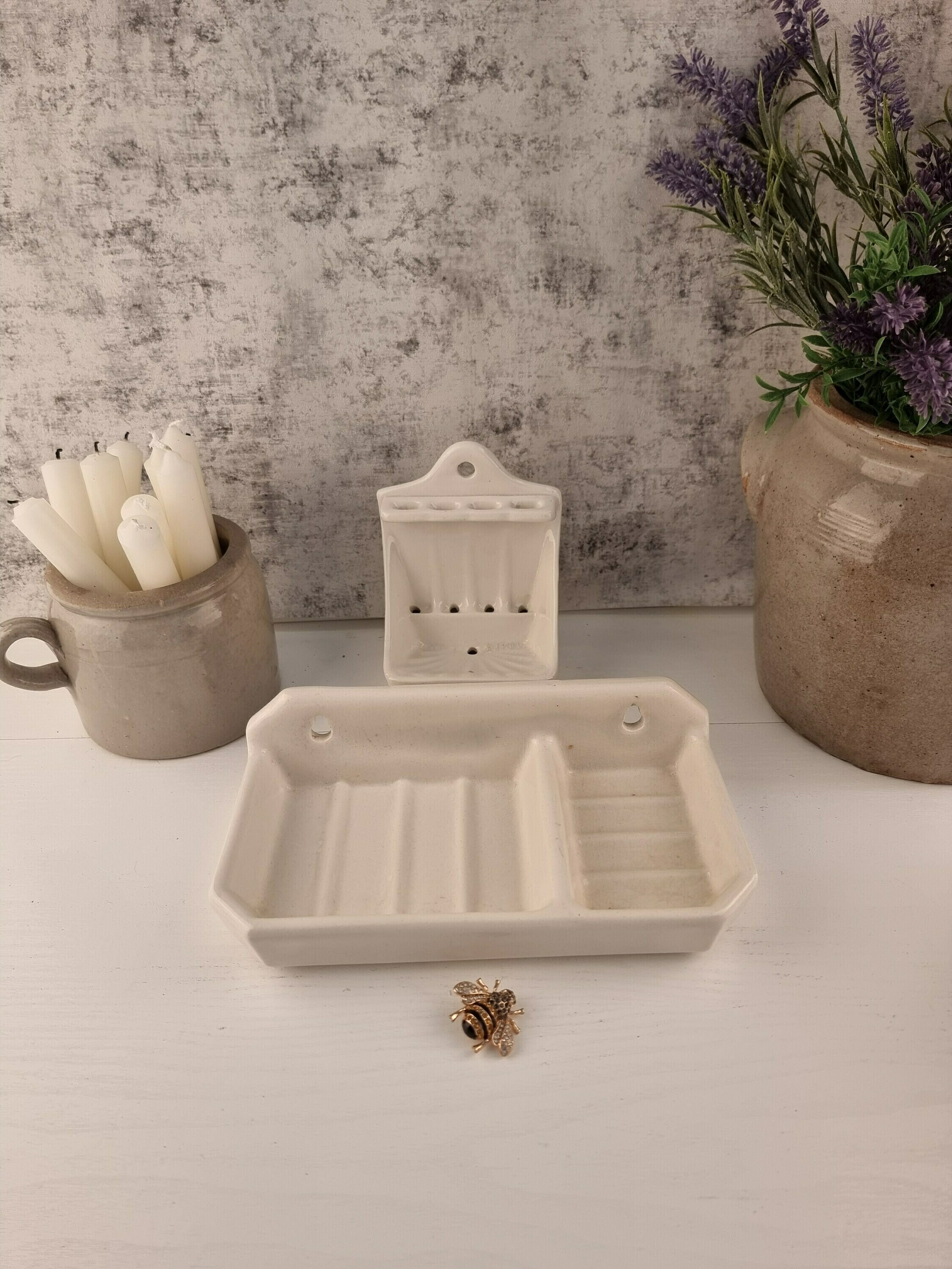 Vintage French White Porcelain Soap Toothbrush Holders, Wall - Main Image