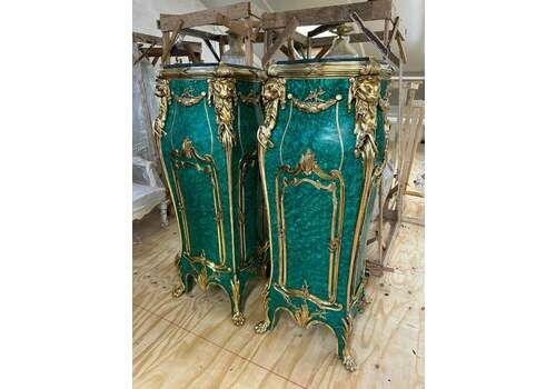 Beautiful Pair Of Louis XV Green Malachite, Bronze Mounted Lion Head Stands