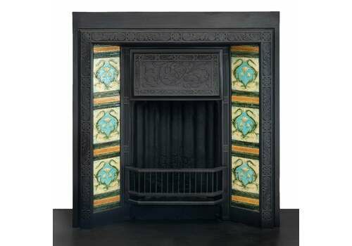 Antique Cast Iron Fireplace Insert With Green & Blue Tiles
