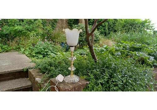 Vintage 80s Composite Moulded Cut Glass Crystal And Gold Effect Table Lamp With Early 20th Century Glass Lampshade.