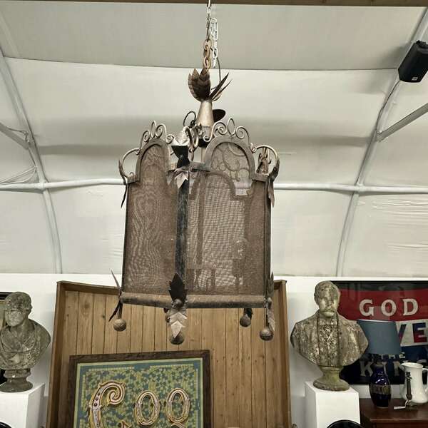 Impressive Mid 20th Century Large Scale Spanish Iron & Mesh Lantern photo furniture