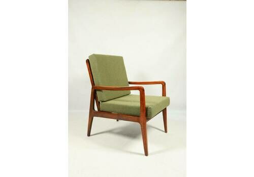 Mid Century Armchair Vintage Green Boucle Cushion Wooden Lounge Chair, 1980s