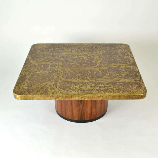 Brutalist Square Etched Brass Coffee By Table Heinz Lilienthal 1960's photo for sale