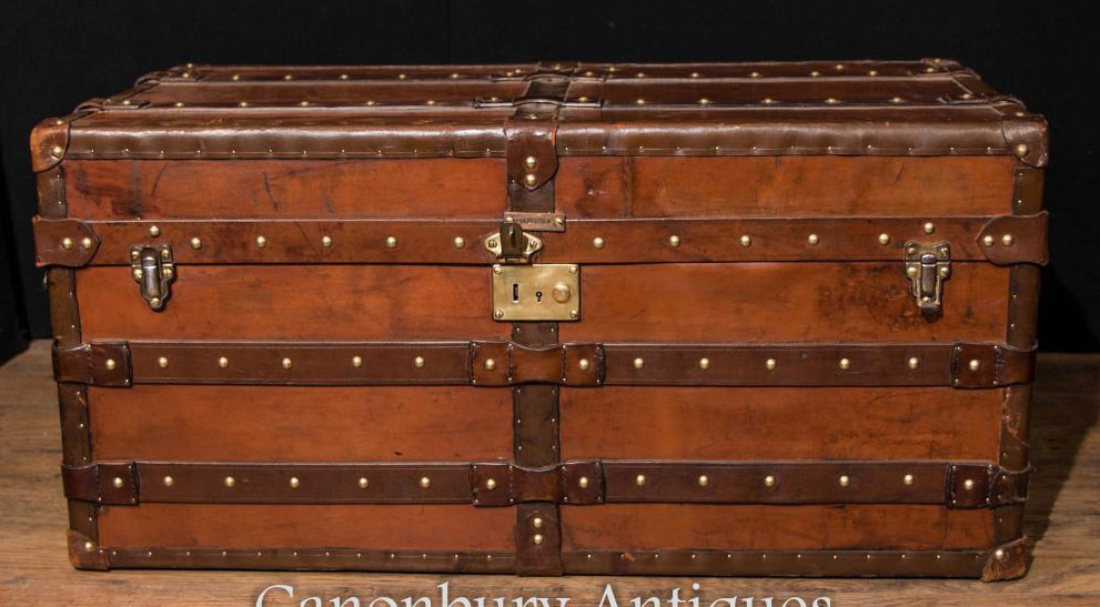 Large Antique English Leather Trunk Luggage Case Steamer Trunk