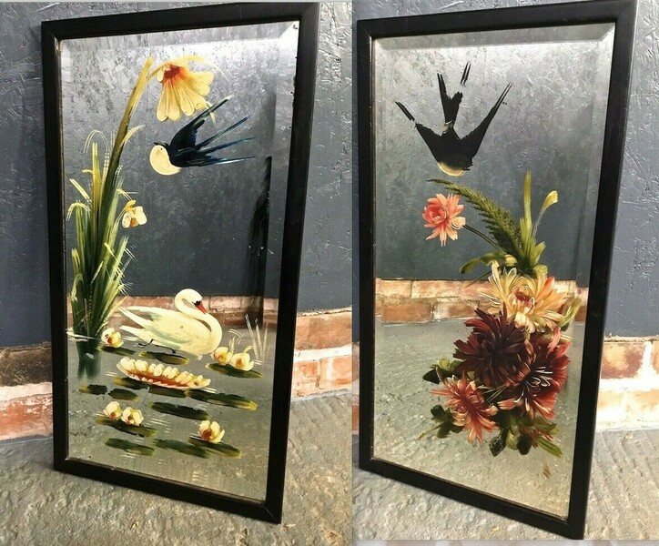 Pair Of Vintage Bevelled & Painted Pub Mirrors In Ebonised Frames photo furniture