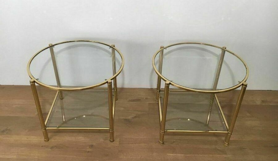 Pair Of Round Brass Sofa End Tables photo furniture