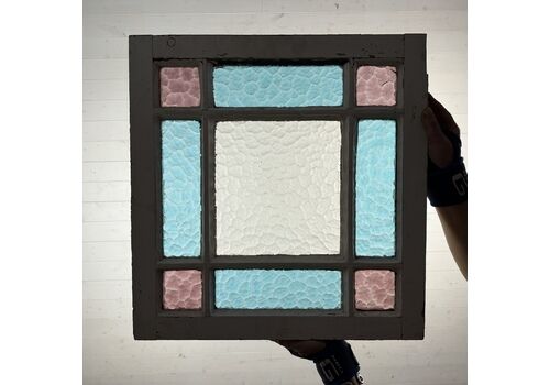 Set Of 5 Reclaimed Blue And Red Glass Leaded Light Windows In Frames