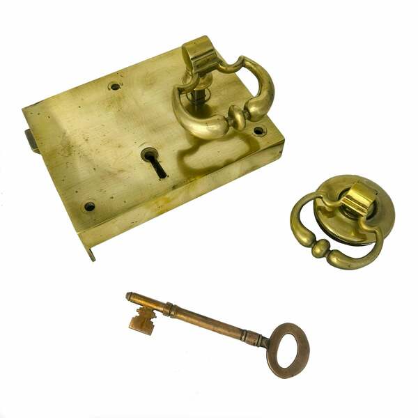 Antique Brass Rim Lock With Dutch Drop Handles And Key | Vinterior