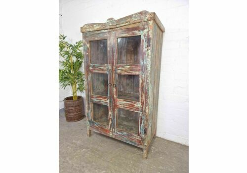 Vintage Reclaimed Indian Glazed Wooden Glass Kitchen Bathroom Drinks Cabinet