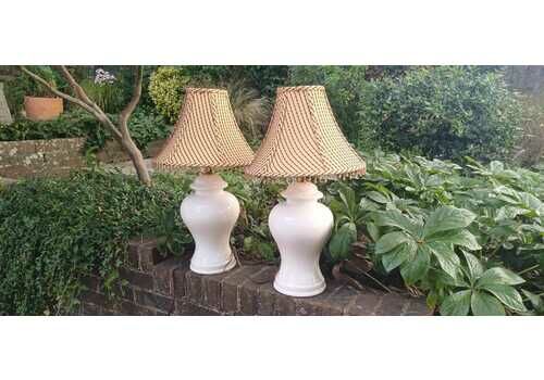 Large Pair Of White Ceramic Lamps With Wonderful…Lampshades. Need Rewiring.