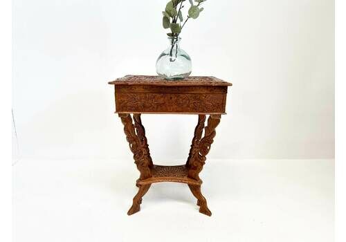 Vintage Indonesian Carved Peacock Sewing Table | Side Table, 19th Century