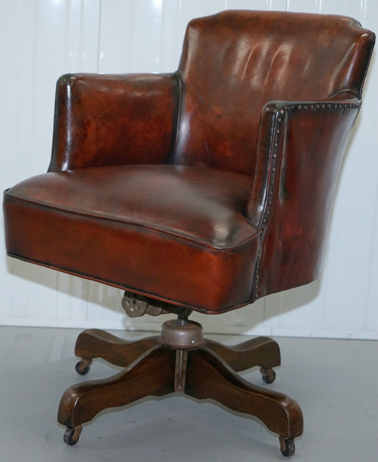 Fully Restored 1920 S Hillcrest Antique Whisky Brown Leather Captains Chair