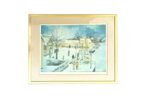 Vintage Lithography On Paper Winter Cityscape, By Artist In 1970