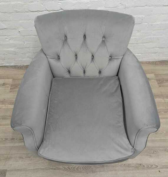 Ex Display Button Back Armchair In Grey Plush Upholstery photo furniture