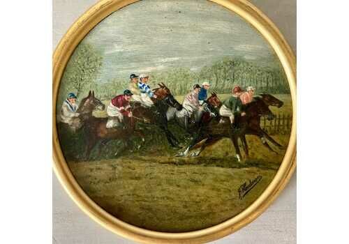 The Steeplechase   A European Antique Small Circular Oil Painting Of A Horse Race   Small Antique Framed Painting Of Racehorses