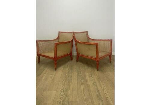 Pair Of Vintage Cane Armchairs With Distressed Red Painted Finish – Rustic Accent Seating