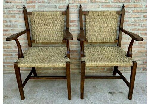 20th Spanish Walnut Armchairs With Backs And Caned Seats, 1940, Set Of 2