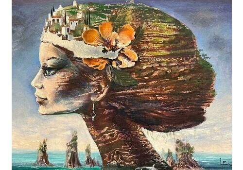French Surrealist20th Century French Surrealist Portrait Of Woman With Landscape Hair Signed Oil20th Century