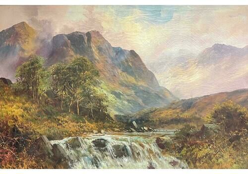 F. E. Jamiesonantique Scottish Oil Highland Waterfall With Distant Mountains Oil Painting 1920