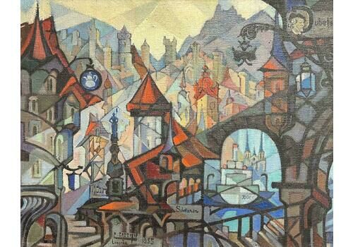 Colbert Cassan (1899 1979)mid 20th Century Cubist Abstract Cityscape Of Lucerne Switzerland Oil Paintingmid 20th Century