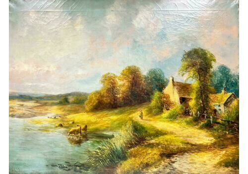 Antique Englishvery Large Antique English Oil Tranquil Rural Landscape Cattle Watering River
