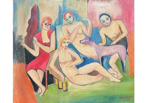 Fauvist Schoolmid 20th Century European Fauvist Signed Oil Nude Figure Group Portrait & Dogmid 20th Century