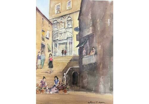Anthony Averyfine British Original Impressionist Watercolor Flower Sellers At The Town Steps