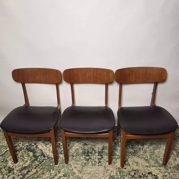 X3 Danish Teak Dining Chairs, 1960s Vintage, Retro Black Seat Kitchen