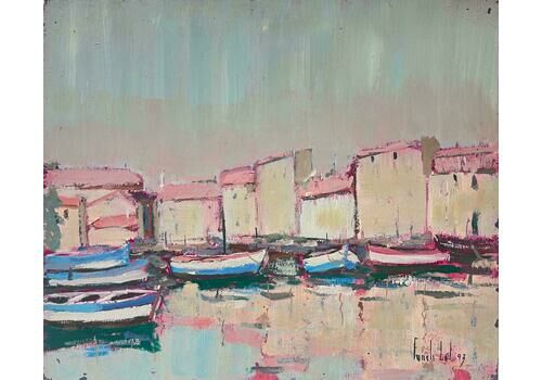 Fanch Lelpink Colourful Boats Moored In Sunlit Coastal Village At Dusk French Oil 20th Century